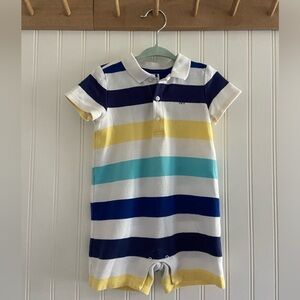 Janie and Jack Collar Polo Romper Blue White Yellow Coastal Stripes Cotton 12-18